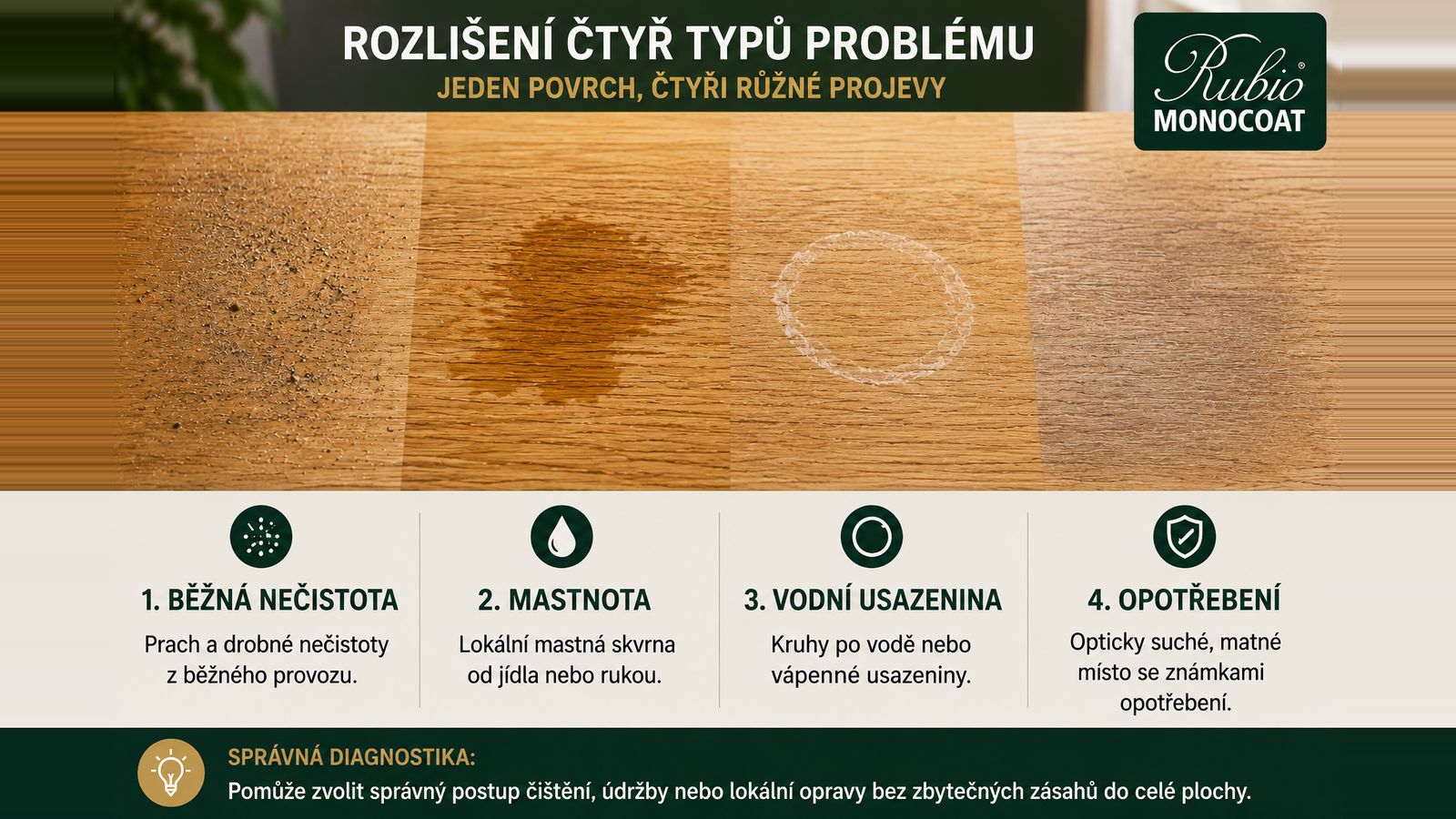 Čtyři typy problému na olejované dubové desce